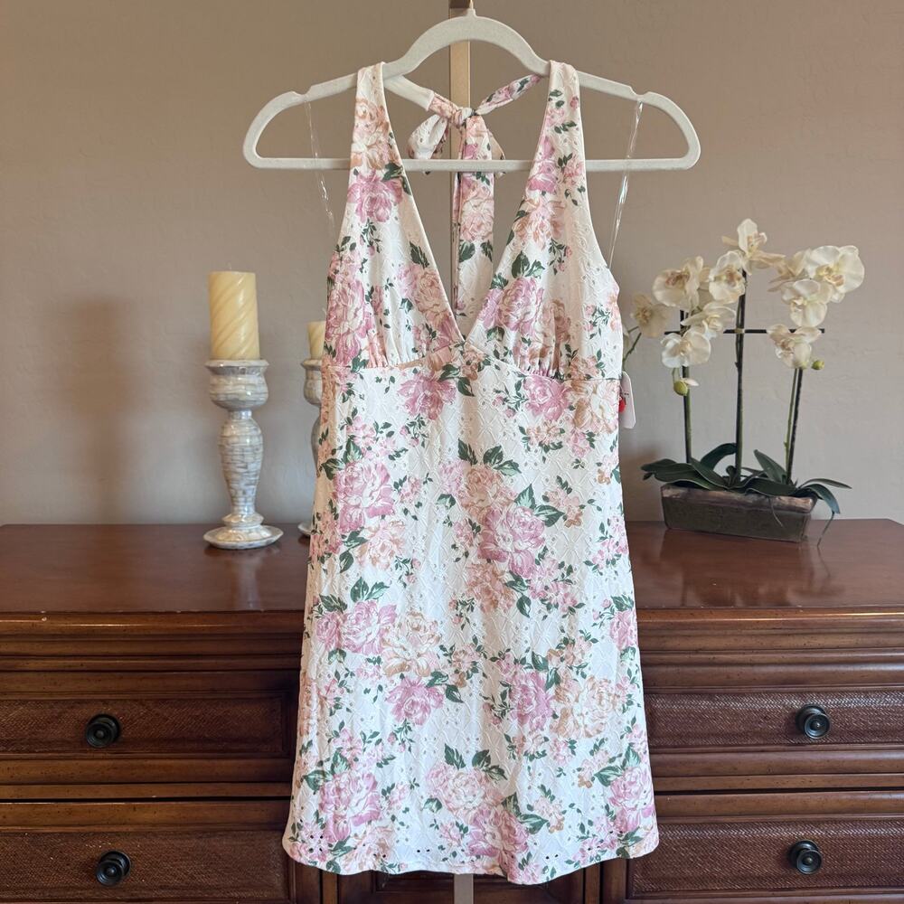 NWT Altar’d State Floral Eyelet Halter Mini Dress Size Small